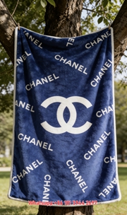 Vibrant Royal Blue All-Over Print Chanel Double C Logo Flannel Sofa Throw Blanket IMG_6990